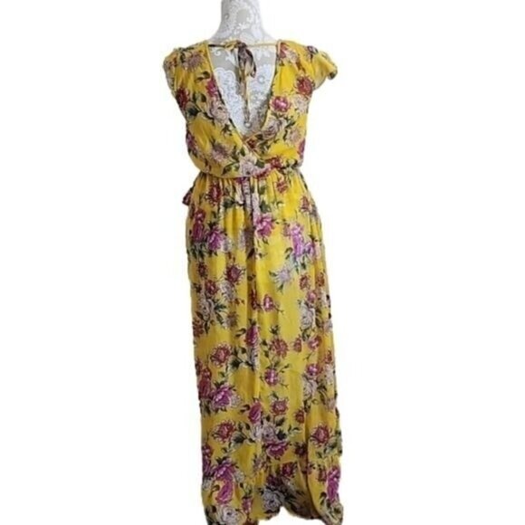 Band of Gypsies Dress Midi Hi-Low Yellow Floral Faux Wrap Lined Flowy Women's XS - Picture 4 of 7
